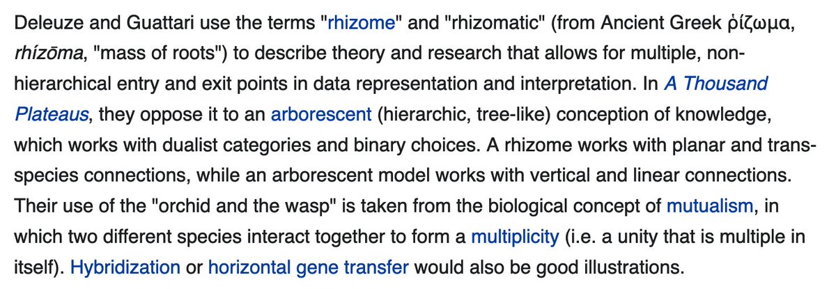 Deleuze and Guattari use the terms "rhizome" and "rhizomatic" (from Ancient Greek ῥίζωμα, rhízōma, "mass of roots") to describe theory and research that allows for multiple, non-hierarchical entry and exit points in data representation and interpretation. In A Thousand Plateaus, they oppose it to an arborescent (hierarchic, tree-like) conception of knowledge, which works with dualist categories and binary choices. A rhizome works with planar and trans-species connections, while an arborescent model works with vertical and linear connections. Their use of the "orchid and the wasp" is taken from the biological concept of mutualism, in which two different species interact together to form a multiplicity (i.e. a unity that is multiple in itself). Hybridization or horizontal gene transfer would also be good illustrations. 