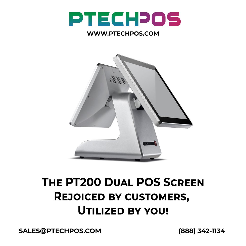 PosPtech's tweet photo. Our cutting-edge range of hardware products is led by the PT200 Dual POS Screen, which boasts of:

1. Intel Core i5 Processor for Lightning Fast Performance.

2. 4GB RAM with 128 GB SSD for a streamlined usage.

3. 15” Front Display coupled with 12.1” Customer Display. https://t.co/OfWs65WFX1