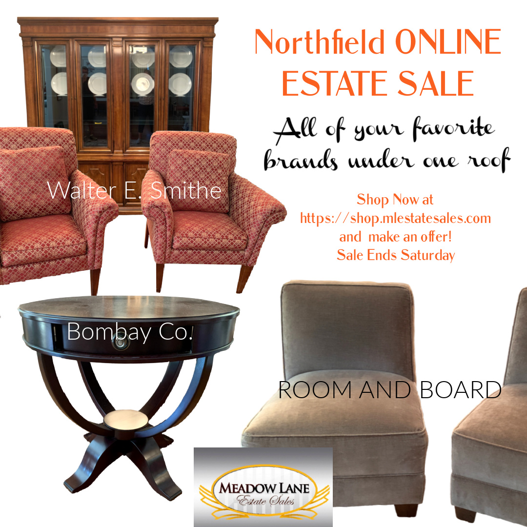Our #Northfield #OnlineEstateSale is ending Saturday at 3 p.m. We have beautiful furnishings and decor. Visit our site now at shop.mlestatesales.com #Roomandboard #walteresmithefurniture #BombayCompany #finefurniture