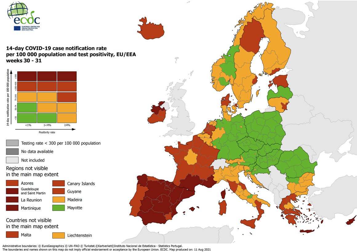 Combined indicator: 14-day notification rate, testing rate and test positivity, updated 12 August 2021 ecdc.europa.eu/en/covid-19/si… <a href="/ECDC_EU/">ECDC</a>
