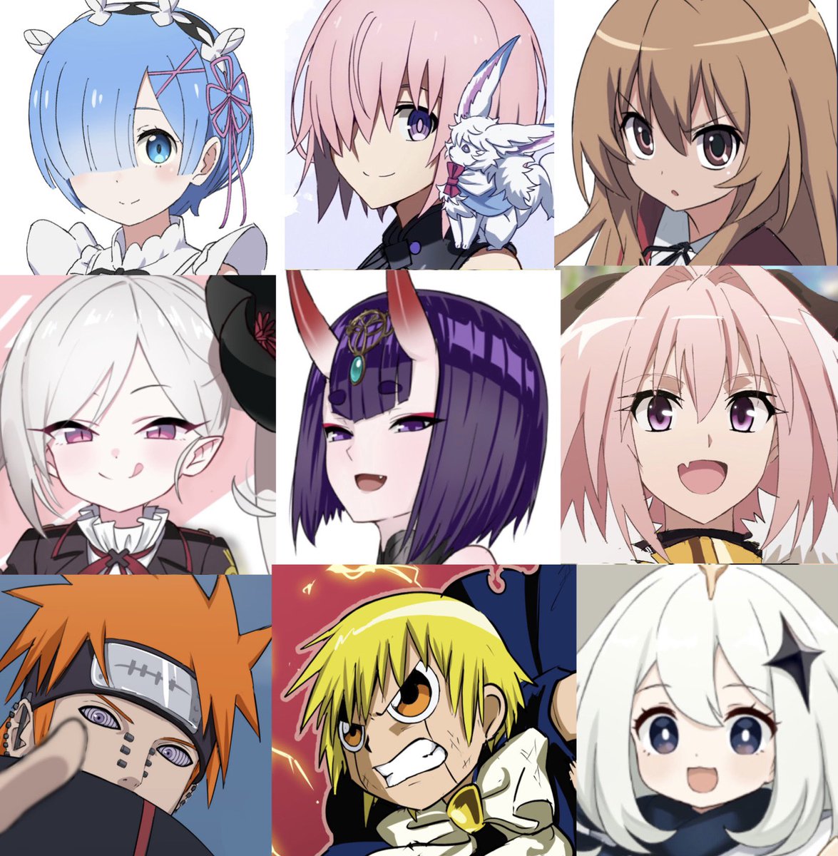 rem (re:zero) ,shuten douji (fate) purple eyes multiple girls multiple crossover oni horns crossover hair over one eye smile  illustration images