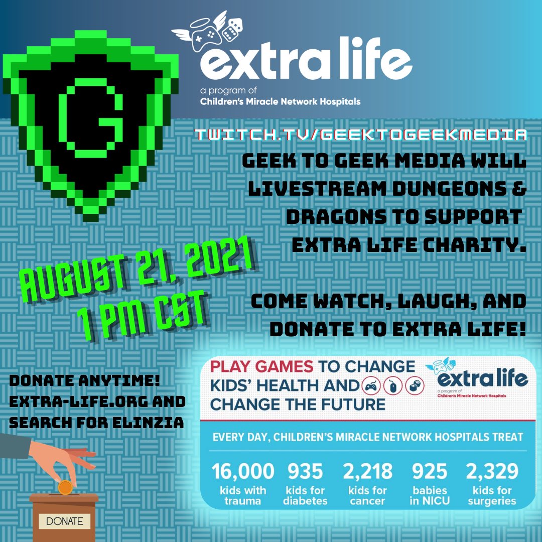 Come join us August 21 and donate to support an amazing cause!
<a href="/ExtraLife4Kids/">Extra Life</a> #EXTRALIFE #tabletopappreciationweekend #dnd #dungeonsanddragons 
Featuring <a href="/BamaShockz/">BamaShockz</a> as DM, <a href="/epicgrays/">Joe Hogan</a> @KelleyDisagrees <a href="/CraftingRogue/">Carrie The Cozy Queen</a> <a href="/Aron1701/">Todd Sullivan : Avoiding People Before It Was Cool</a> and some other possible players from Geek to Geek!