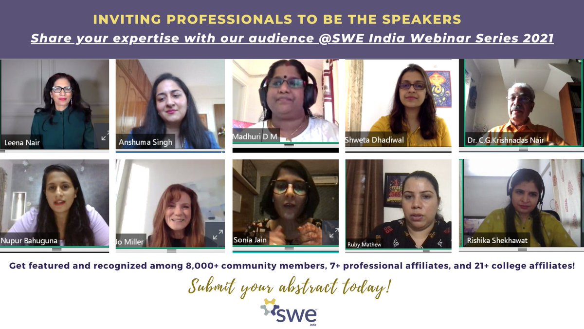 Share your Professional Expertise with our Audience at SWE India Webinar Series 2021

For more details, head to alltogether.swe.org/2021/03/apply-…

#SWEIndia #Speaker #SWEIndiaWebinarSeries #WomenEngineers #WomeninSTEM #GirlEngineer #GirlsinSTEM #ProfessionalDevelopment #personalbrand