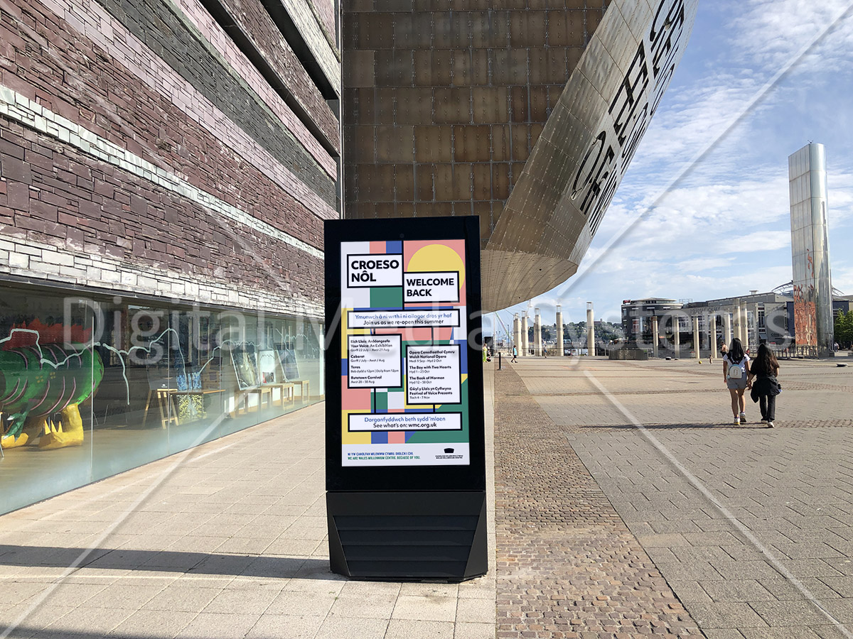 Our 7th generation full HVAC outdoor advertising display screens at the Wales Millennium Centre. These 75" Double Sided units replace the systems we installed almost a decade ago.