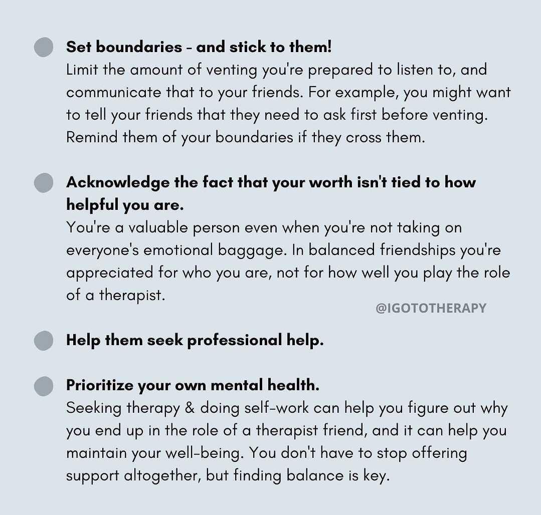 DrCira's tweet photo. "Check in on the friend who always listens to you, and have a discussion about boundaries and their feelings. Balance and reciprocity are important for healthy friendships!"

Source: @igototherapy https://t.co/RBmUYoSQ4K