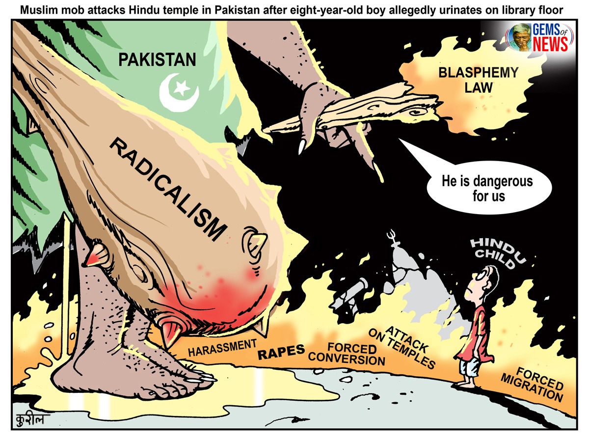 -An eight-year-old Hindu boy unwittingly entered a madrassa in Pakistan
-Frightened of the maulvi, he urinated in his pants
-Maulvi accused him of intentionally desecrating the madrassa
-Police slapped blasphemy case on the boy
-A Muslim mob attacked Hindu houses and a temple