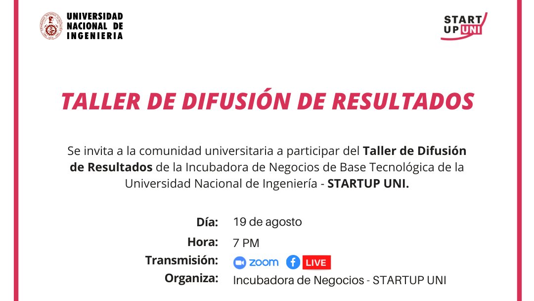Atención Emprendedores🚀🤩 

📌 Conoce nuestras actividades, logros y aprendizajes tras la ejecución del proyecto 🚀🚀

🗓 Fecha: Jueves 19 de agosto de 2021
⏰ Hora: 7:00 p.m. Vía Zoom (previo registro)
👩‍💻 Registro: bit.ly/3iv2ea1
👨‍💻 Transmisión por #FacebookLive