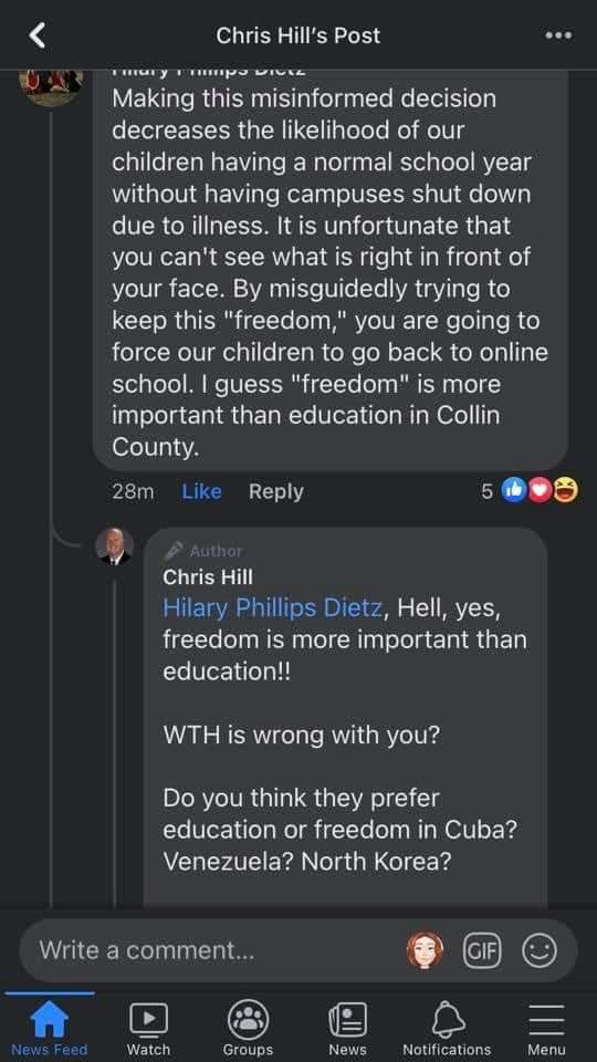 amanda787's tweet image. Collin County's own @judgechrishilI !

P.S. Don't try commenting negatively on his FB.  He likes to make himself feel better by leaving only the most positive comments available, and blocks you from commenting again.  Not illegal because, "It's my campaign page."  Sucks to suck.