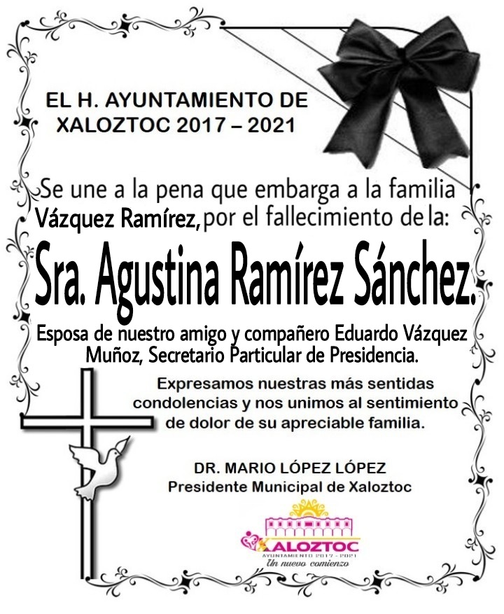 DrMarioLopezL's tweet photo. #Condolencias ✞ | Quiero enviar a la familia Vázquez Ramírez, mis más sinceras condolencias, por el sensible fallecimiento de la Sra. Agustina Ramírez Sánchez, Esposa de nuestro amigo y compañero Eduardo Vázquez Muñoz, Secretario Particular de Presidencia. https://t.co/DzRnLgWSqC