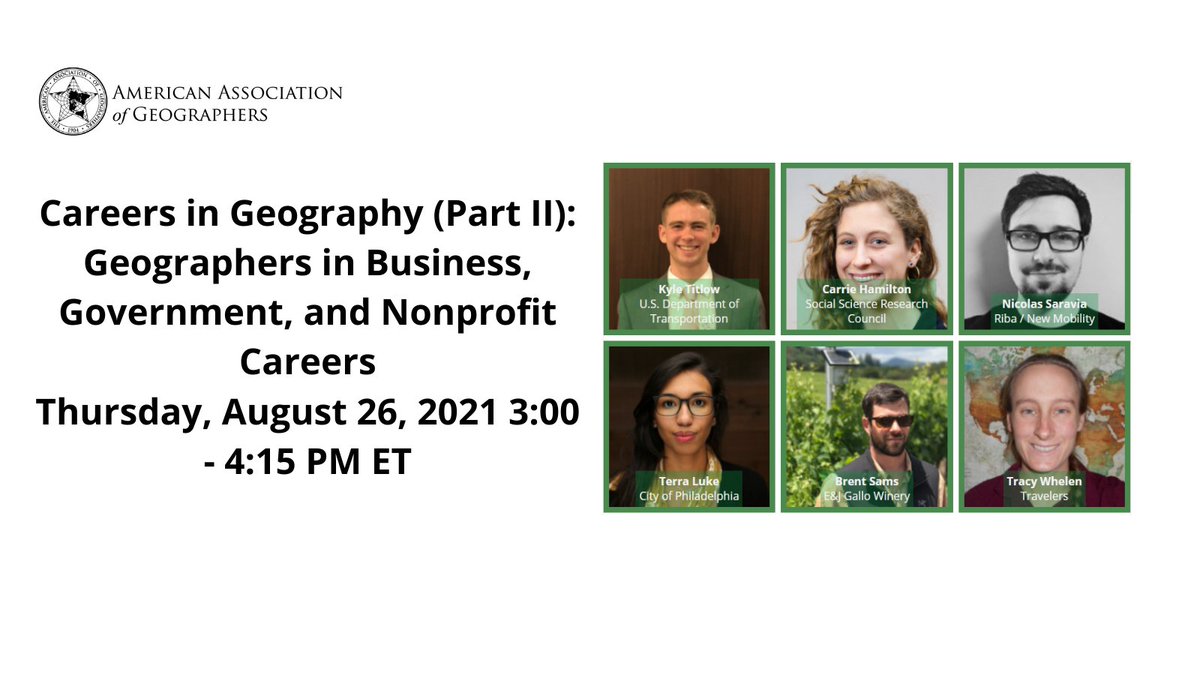 theAAG's tweet image. Geography graduates have everything it takes for success in today’s workforce. Join AAG on Aug 26, 3:00-4:15PM ET as we kick of this year's Early Career webinar series with a free panel featuring geographers working across all sectors. Register here: bit.ly/3fWVal3