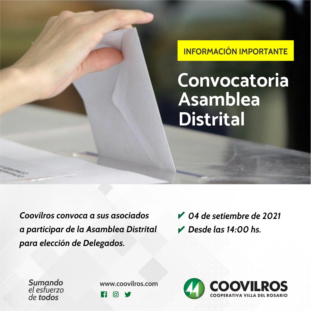 Coovilros convoca a sus asociados a participar de la Asamblea Distrital para elección de Delegados a llevarse a cabo el día 04/09 de 2021 desde las 14:00 hs. Para mayor información consultar en nuestra sede central de José Mateo Luque 1006, o ingresando coovilros.com