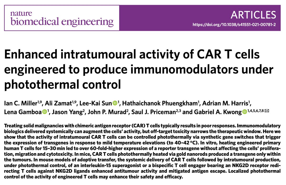 Enhanced intratumoural activity of CAR T cells engineered to produce immunomodulators under photothermal control

rdcu.be/ctWrp
