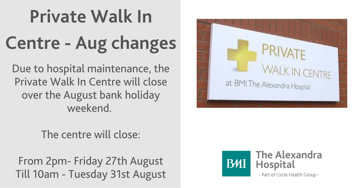AlxHospital's tweet photo. ❗ Private Walk In Centre Aug Bank Holiday hours ❗

August bank holiday Private Walk In Centre hours at #BMIAlexandraHospital.

Closed 🚫 from 14:00 - Friday 27th August
Re-opens 🟢 at 10am - Tuesday 31st August

Find out more 👉 https://t.co/JuqJp2hyxM https://t.co/pHYdoe1Eoc