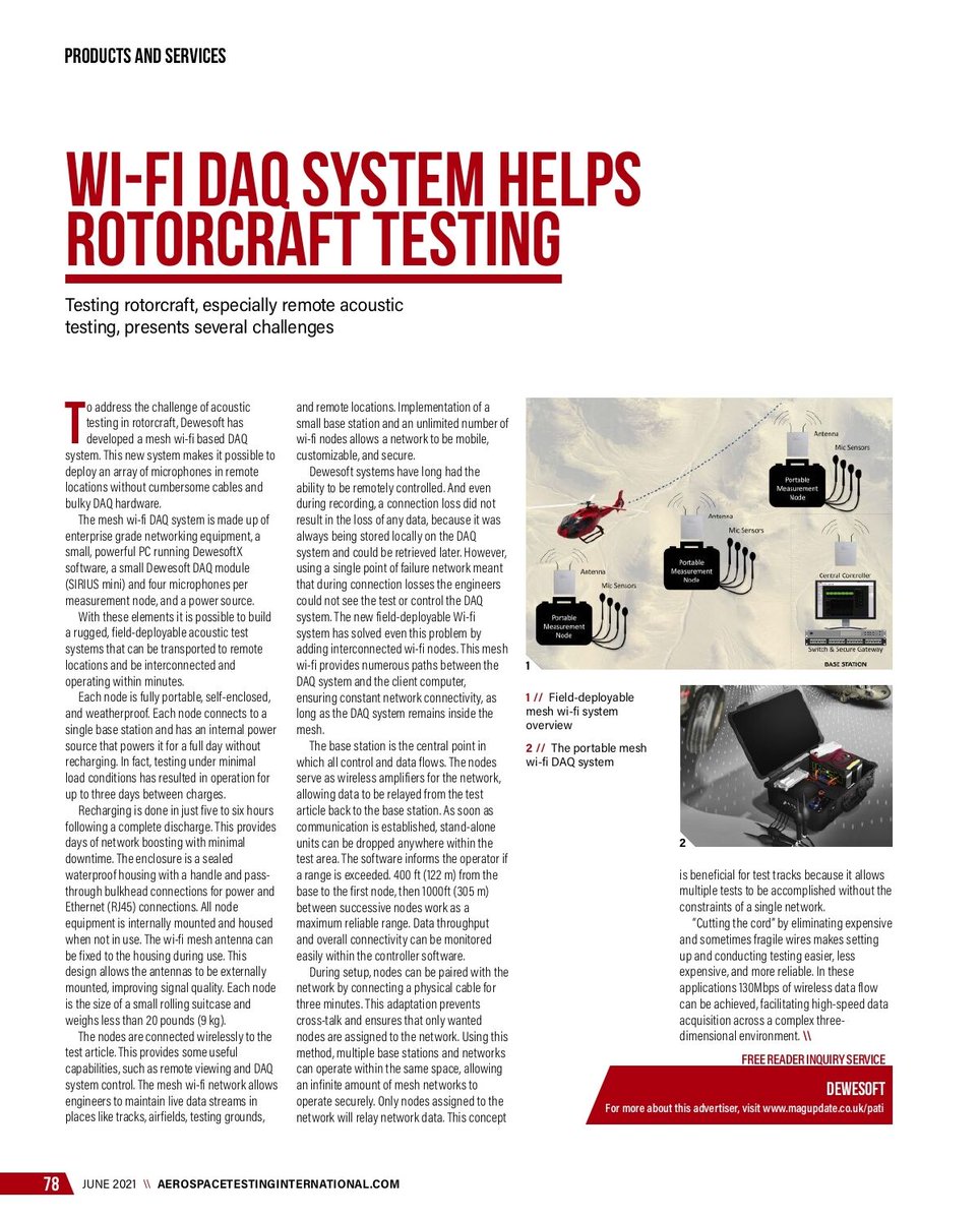 Dewesoft's tweet image. Rotorcraft #testing presents several challenges. We developed a mesh wi-fi-based DAQ system that makes it possible to deploy an array of microphones in remote locations without cumbersome cables and bulky hardware. 
bit.ly/3zNJsAx