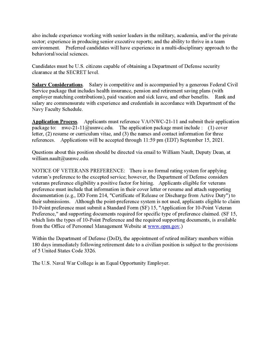 NavalWarCollege's tweet photo. JOB OPENING: The U.S. Naval War College (NWC), Newport, RI invites applicants for a faculty appointment in the College of Leadership and Ethics (CLE). The position is full-time with rank, salary, and career track determination commensurate with experience and credentials. https://t.co/P7OzdQMuzJ