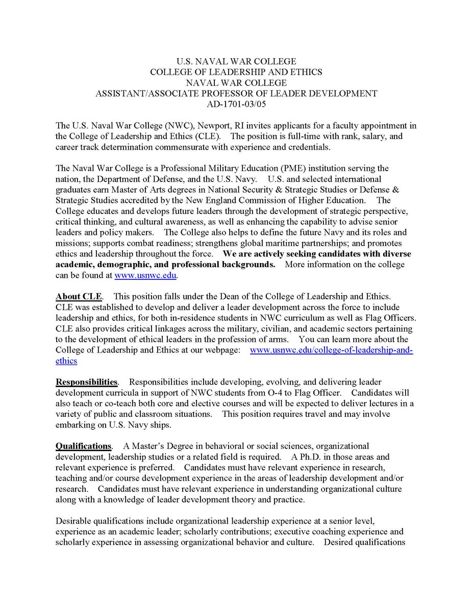 NavalWarCollege's tweet photo. JOB OPENING: The U.S. Naval War College (NWC), Newport, RI invites applicants for a faculty appointment in the College of Leadership and Ethics (CLE). The position is full-time with rank, salary, and career track determination commensurate with experience and credentials. https://t.co/P7OzdQMuzJ