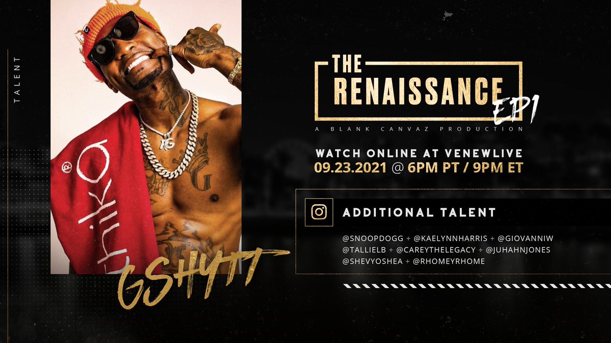 <a href="/G_Shytt/">J-rood G-shytt</a> joins The Renaissance! It’s gonna be Lit! 🔥

Join us for the hottest virtual event of the year on 09.23.21 at 6pm PT / 9pm ET! 

🔥 Grab your $10 tickets now and enter for a chance to win a pair of Raycon earbuds! 🔥
🎟 ➡️  bit.ly/2TpaAGx