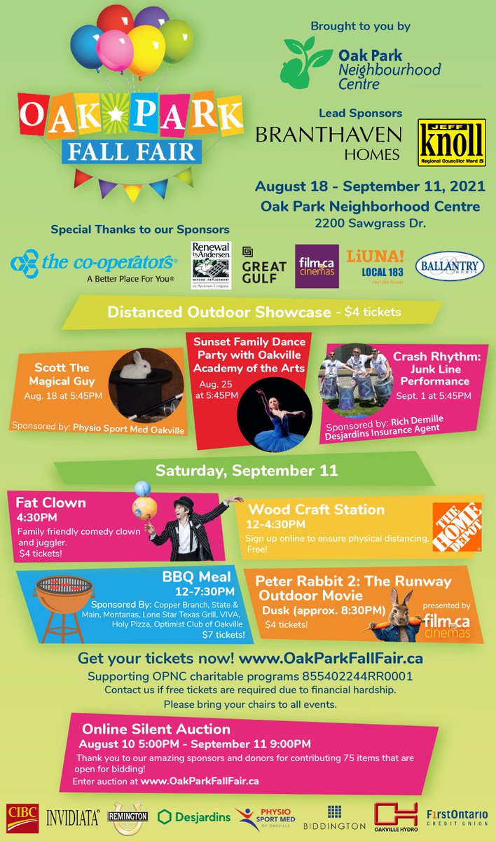 FilmCaCinemas's tweet photo. SUPPORT OAK PARK FALL FAIR 💜Please help support the Oak Park Neighbourhood Centre through one of the many events:
🧡 Fall Fair Showcase
💙 Oak Park BBQ
💛 Oak Park Online Silent Auction
Purchase tickets: https://t.co/7qejJ6DAUD 😊🎟
#oakparkfallfair https://t.co/vW6S3HpUu0