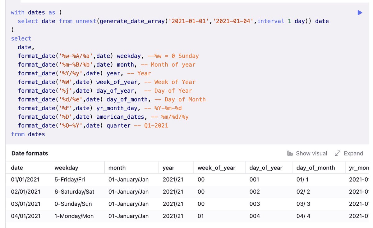 SqlSnippets's tweet image. Anyone else always forgetting the syntax for formatting your dates?
This #BigQuery Date and Time formatting cheat sheet snips the most common formatting strings for quick access next time you need them 🙌
sql-snippets.count.co/t/formatting-d…
#SQL