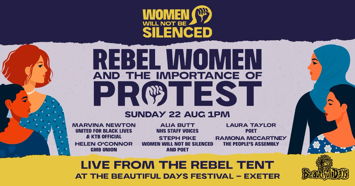 We are looking forward to our session in the Rebel Tent at the <a href="/BDsfestival/">Beautiful Days</a>. If you're there pop along to 
Rebel Women &amp; The Importance of Protest
With:
<a href="/Laura_T_Poet/">Laura Taylor - Poet</a> 
<a href="/MajesticMarvina/">Marvina Newton</a> 
<a href="/QualiaInterAlia/">Alia Butt</a>
<a href="/Ramonamac/">Ramona McCartney</a> 
<a href="/HelenOConnorNHS/">Helen O'Connor 💙</a> 
<a href="/spikeword/">Steph Pike</a> 
✊✊✊
<a href="/the_levellers/">Levellers</a>