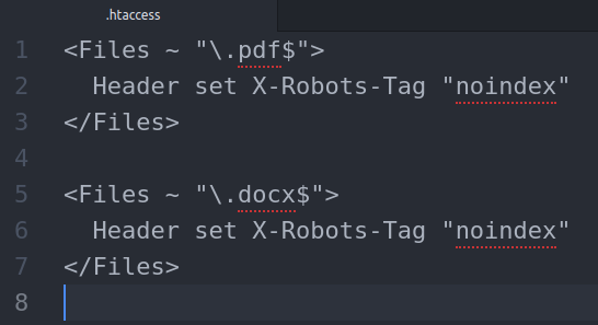 joehall's tweet photo. Do you have a large collection of PDFs or Word Docs that are being accidentally indexed by search engines? You could block them in robots.txt, but a better/cleaner solution is to noindex them right inside the HTTP header with this htaccess code: https://t.co/uXKvDXdET9