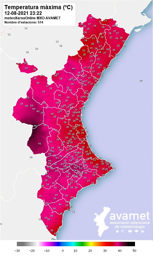 avamet's tweet photo. #onadadecalor 🌡 - Mapa de temperatures #màximes i llistat de les estacions meteorològiques que han assolit hui els 40°C. Cap estació meteorològica de la xarxa d'AVAMET ha registrat una màxima inferior als 30°C. https://t.co/wcgWxDCnVg