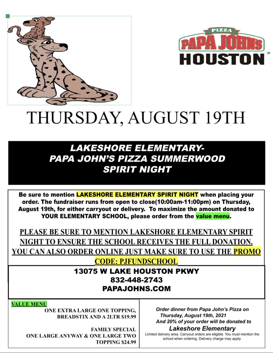 We will have our first two LSE Spirit Nights next week! Tuesday (8/17) at Panda Express and Thursday (8/19) at Papa John’s in Summerwood! Hope to see you at one or both! Thanks for supporting the LSE PTO!!!  <a href="/LSE_PTO/">Lakeshore PTO</a> <a href="/HumbleISD_LSE/">Lakeshore Elementary</a> #Leopardspotting #LifeisbetteratLakeshore