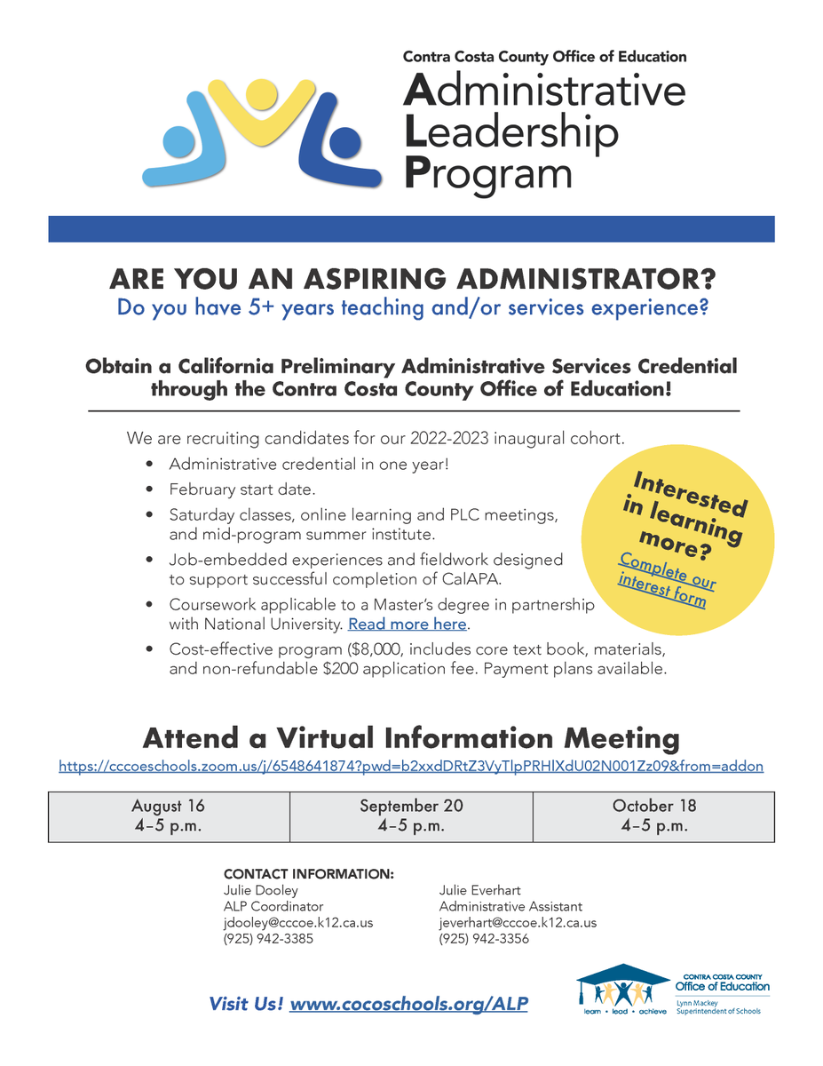 CoCoSchools's tweet photo. Are you an aspiring administrator? Do you have 5+ years teaching and/or services experience? Obtain a California Preliminary Administrative Services Credential through CCCOE!

Virtual information meeting: https://t.co/IyuT0jsBGX

Interest form: https://t.co/LqZ6f1fijB

#CCCOE https://t.co/E8FZvbOyOo