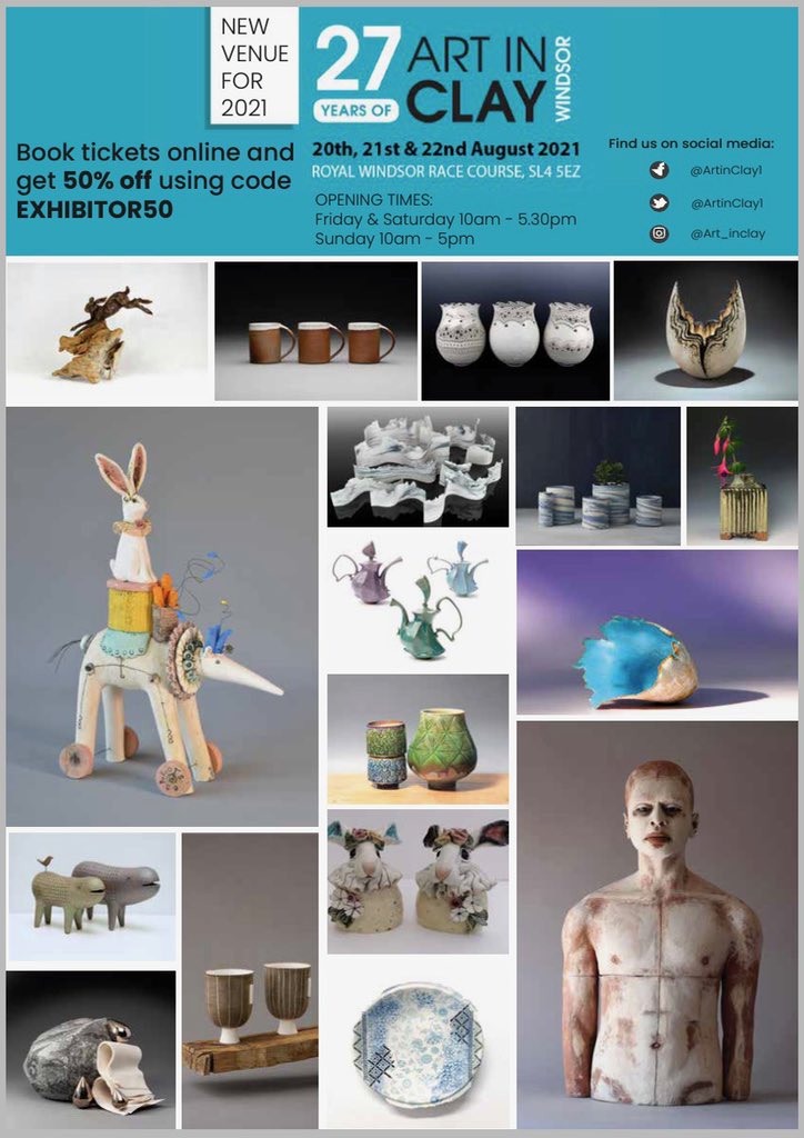 FayeMayo's tweet photo. It’s just one week until Art in Clay folks! I’m kinda excited as one of my windblown vessels found itself on the poster. I have a stock of fresh work ready for the show. There’s a special code for online tickets on this poster. #artinclay #ceramics #windsor https://t.co/erXMOVtxYv