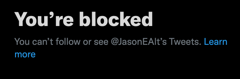 genesishobbies's tweet photo. Badge of Honor: I tweet infrequently and am not particularly controversial, so I didn't expect I'd ever get blocked. I actually like this guy; he WAS my favorite on the @BrainstormBrew cast, but now I guess @Chosler or @Rose0fthorns get a promotion. #jasonwho #achievementunlocked https://t.co/sBcWCtmHmU