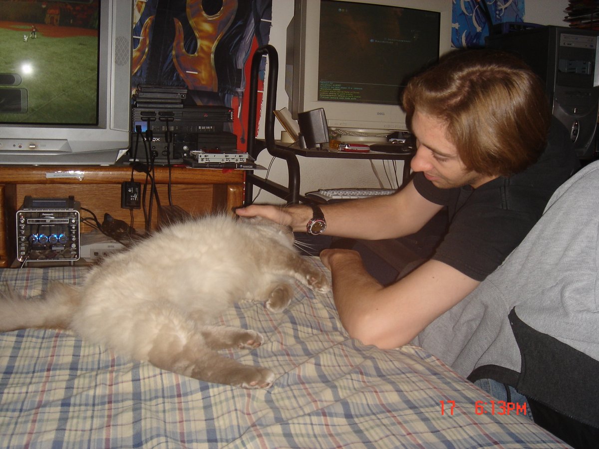 Welcome to 2005. 

PS2 with HD for Fafnir pulls, Xbox, RE4, Tekken 4 standee, Panasonic Gamecube playing Pokemon Colosseum, wristwatch, flip phone, a FATASS rig playing FFXI and I'm wearing an F-Zero GX shirt.  

Also muh kitty. It was a simpler time.