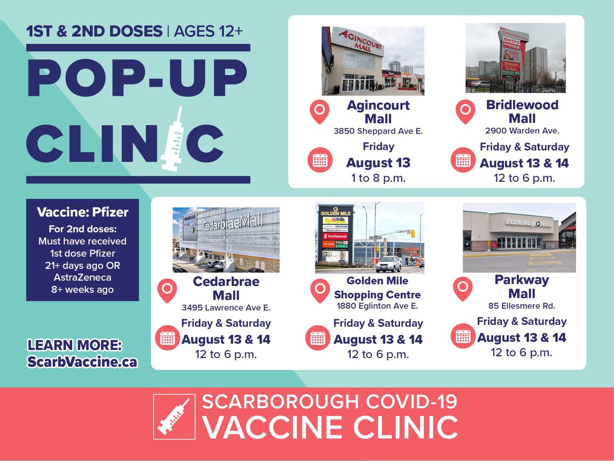 Vaccine Pop-Up Clinics run by @shncares for Fri., Aug 13 and Sat., Aug 14.  1st or 2nd Pfizer. For more info please visit : scarbvaccine.ca👇🏾👇🏾@VPPegg