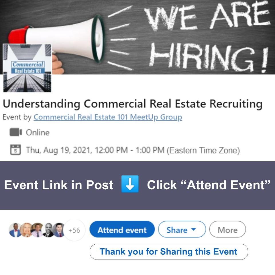 EVENT - Understanding Commercial Real Estate (CRE) Recruiting ▶ Join us to discuss: 

✓ What CRE employers are looking for
✓ Interviewing &amp; how to stand out
✓ Q&amp;A 

What hiring topics are you interested in?

EVENT LINK  lnkd.in/dhHDTwEv