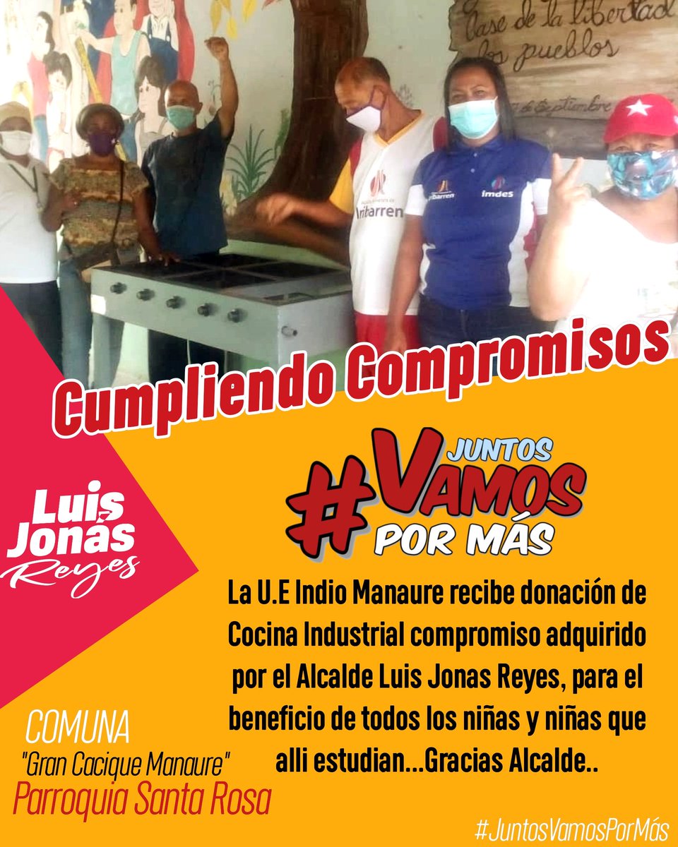 #12Ago 
Cumpliendo Compromisos ✔️ 

U.E Indio Manaure de la Parroquia Santa Rosa, recibe donación de Cocina Industrial para el beneficio de todos los niñas y niñas que allí estudian.

Gracias al Alcalde <a href="/LuisJonasReyes/">Luis Jonás Reyes</a> #JuntosVamosPorMás 👍 
#ArribaJuventudPatriotica