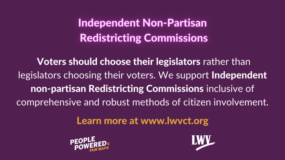 lwvct's tweet photo. The LWV believes voters should choose their legislators rather than legislators choosing their voters. We support Independent non-partisan Redistricting Commissions inclusive of comprehensive and robust methods of citizen involvement.
Read more: https://t.co/FPPfzrOYZt
#FairMaps https://t.co/SEj7a6TqHQ