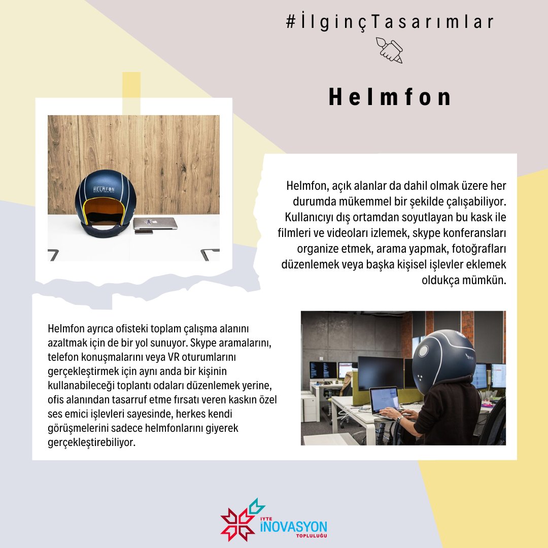 iyte_inovasyon's tweet photo. Helmfon, kişisel alan yaratarak işinize konsantre olmanızı sağlıyor!
#ilginçtasarımlar #iyteinovasyon #iyteinovasyontoplulugu #iyte #iztech #helmfon #kask #ilginç #arka #plan https://t.co/j8ud0o2lq0