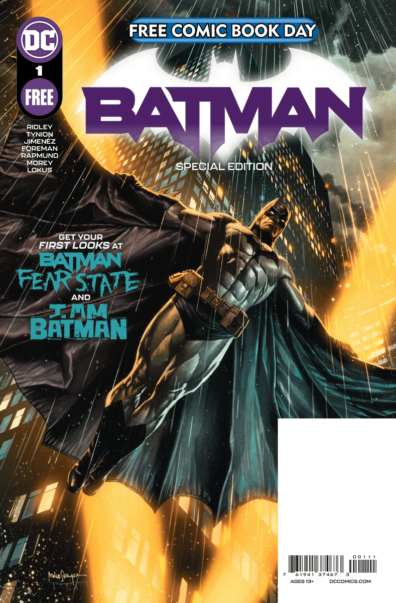 Free Comic Book Day Edition of "Batman." Featuring a drawing of Batman with his wings extended.