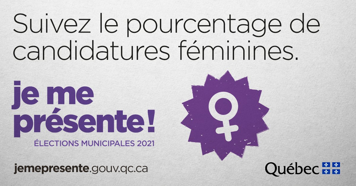 MAMHqc's tweet photo. Les femmes seront-elles nombreuses à dire «#JeMePrésente aux élections municipales»?
Suivez le pourcentage de candidatures féminines pendant la période de mise en candidature. Les données québécoises sont au https://t.co/6u26dNvxLB. https://t.co/UpkDKpB2OP