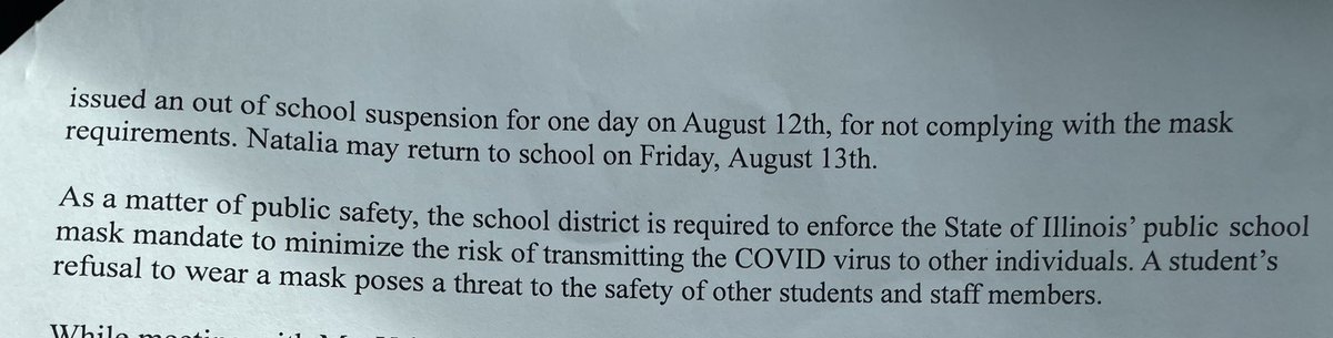 My freshman was suspended today by a D211 school for politely declining to wear a mask. Her suspension is cited with 105 ILCS 5/10-22.6 School code, gross disobedience. They took her to the office and SEGREGATED her in a room alone until I got there. #brave #DoNotComply