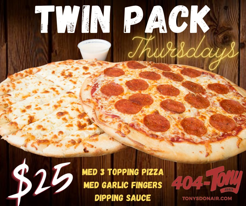 I ❤ THURSDAYS!!

Twin Pack Thursdays included:
Med 3 Topping Pizza
Med Garlic Fingers
Dipping Sauce

ALL FOR ONLY $20!

CALL TO ORDER
902 404-8669

OR

⬇ CLICK THE LINK BELOW TO ORDER ONLINE ⬇
order.store/ca/store/tonys…