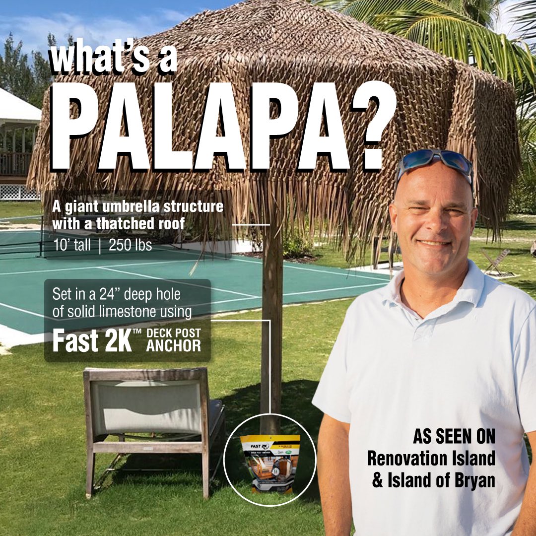 Bryan_Baeumler's tweet photo. Through independent testing I have confirmed that Fast 2K will successfully hold up a palapa even after 4 kids were swinging on it ! #BuilditFast2K #RenovationIsland #HGTV #TheConcreteAlternative #IslandOfBryan https://t.co/u47Jx478gV