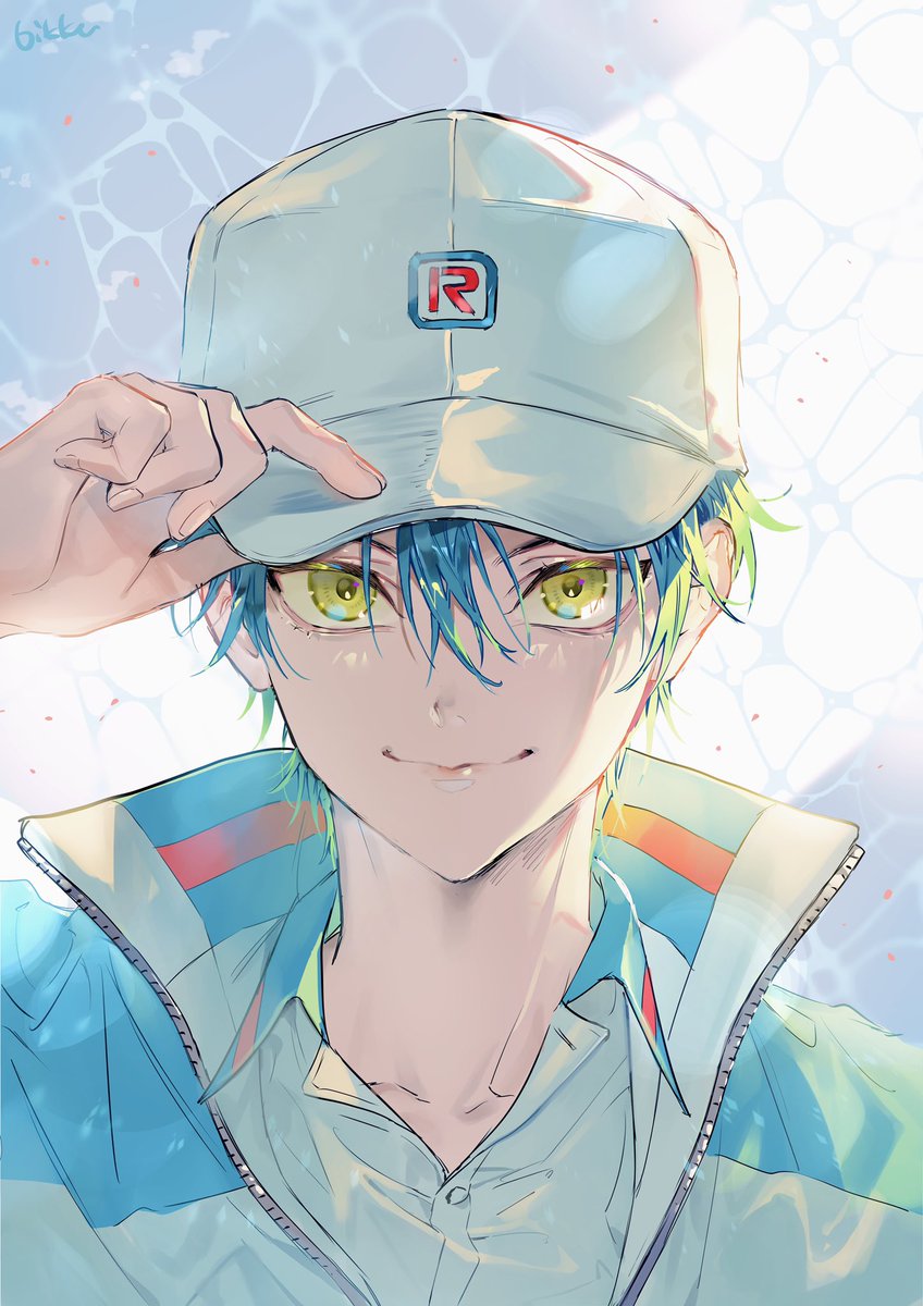1boy male focus hat solo jacket blue hair looking at viewer  illustration images