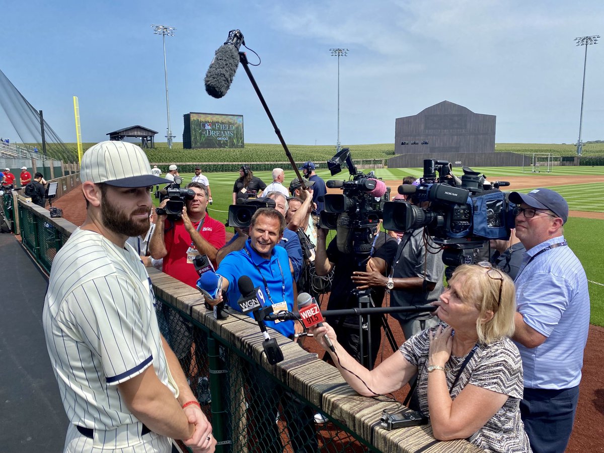 White Sox pitcher Lucas Giolito takes questions on the field before the Field of Dreams game