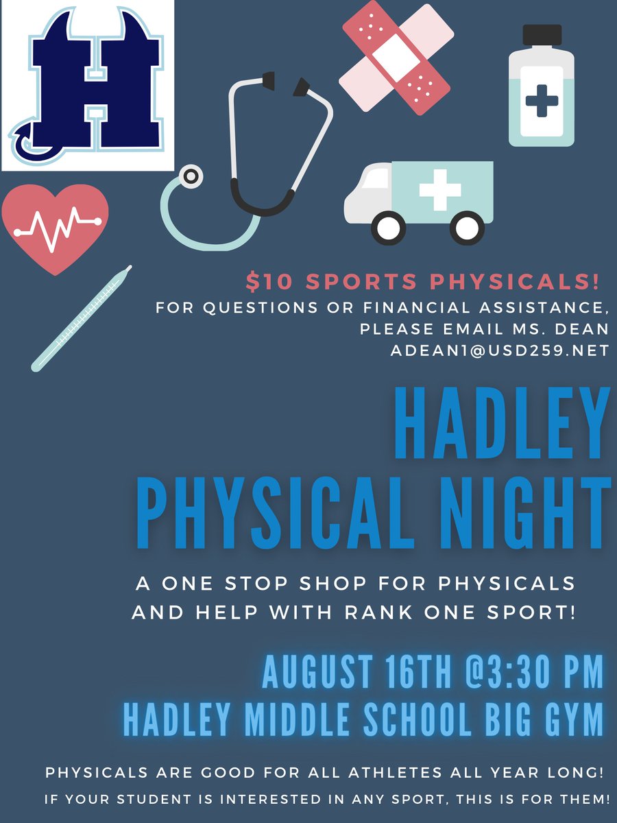 HadleyUSD259's tweet image. Hadley Blue Devils- come to our Physical Night on Monday the 16th to get ready for this school year's athletics! #HadleyRocks
