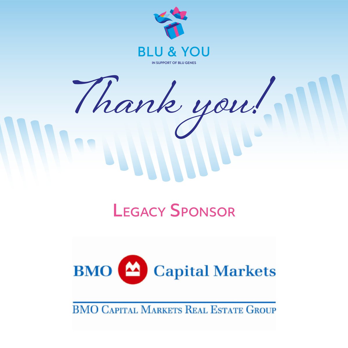 BluGenesFdn's tweet photo. 💙 Thank you to our BLU & YOU Legacy Sponsor, BMO Financial Group 💙
This ground-breaking research may make the dream of curing this inherited disease come true, and we could not have done it without YOU and your support! #Fundraiser #Sponsor #Donate #BluGenes https://t.co/GCyqyzNET5