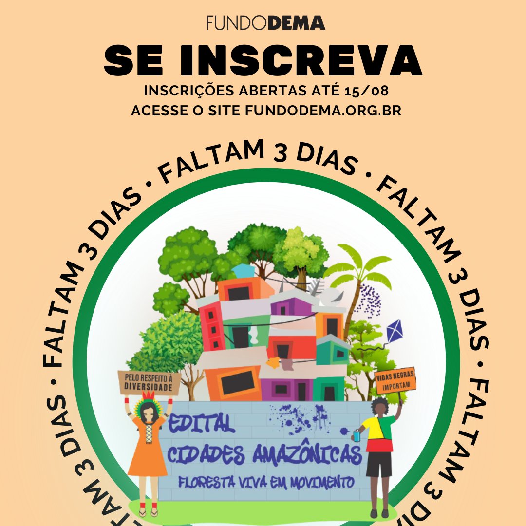 fundodema's tweet photo. ❗ATENÇÃO ❗

3️⃣ Faltam três dias para o final das inscrições do Edital Cidades Amazônicas! Corre que ainda dá tempo de se inscrever e conquistar uma oportunidade para o seu projeto! As inscrições são gratuitas e online.
📲 Acesse: https://t.co/Adby29tq7x https://t.co/Iz7RRjTRhc
