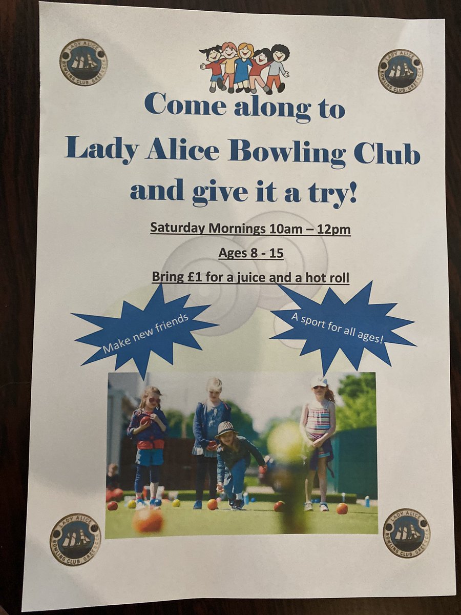 Virtual flyer as a reminder that all are welcome to try bowls at Lady Alice on a Saturday at 10am 👇