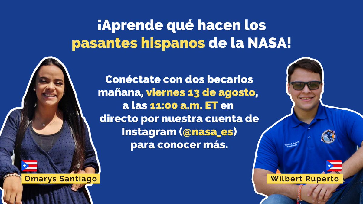 NASA_es's tweet image. ¿Quieres saber más sobre en qué proyectos trabajan los becarios de la NASA? 🤩 🚀 
Únete a nosotros por Instagram para una conversación con dos estudiantes hispanos que realizan sus pasantías en la NASA.
¡Visita instagram.com/nasa_es/ mañana a las 11:30 am EDT!