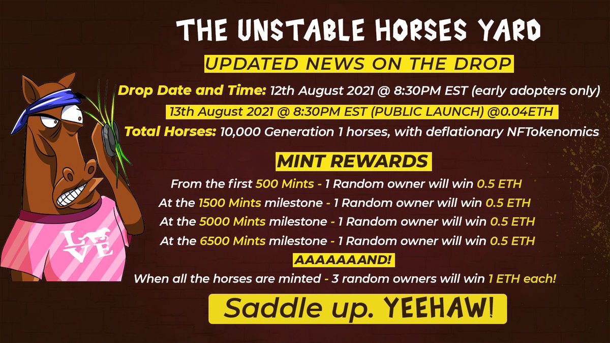 🚨UPDATE!🚨

🐴WE ARE FINALLY HERE! 🐴 
Please see below for updates on our drop. To celebrate the drop we are doing a giveaway! To win:

1️⃣Join our discord: discord.gg/KW6edbgjAr
2️⃣ RT and Like this
3️⃣ Comment below with a 🐴 or a 🐎 emoji! 

ITS TIME TO SADDLE UP! 🧲 #nft