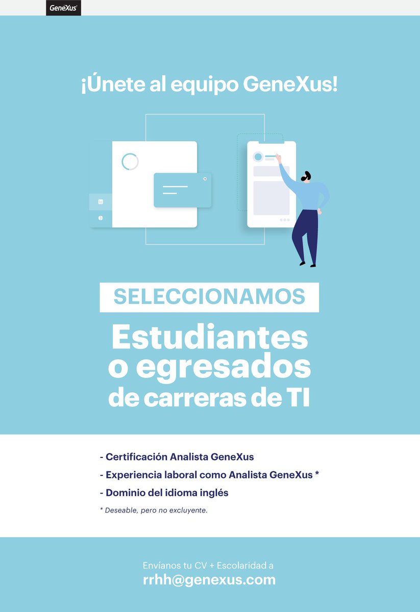 GeneXusStudents's tweet photo. 𝐄𝐦𝐩𝐥𝐞𝐨 | @GeneXus sigue sumando talento al equipo.

Envíanos tu cv a 👉 rrhh@genexus.com

✅ El presente llamado se encuentra comprendido por lo dispuesto en el Art. 1 de la Ley Nº 19.691 sobre promoción del trabajo para personas con discapacidad. https://t.co/F985MK7V0z